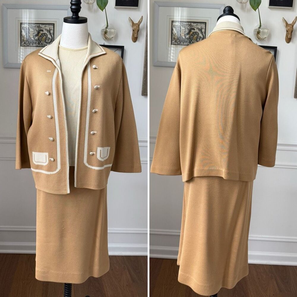 Vintage 60s 70s 3pc Knit Skirt Suit Shell Cardigan Jacket Tan 10